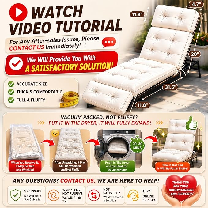 Outdoor Chaise Lounge Cushion, Waterproof 74.4x22x4.7 Inch Thick Cotton Filled