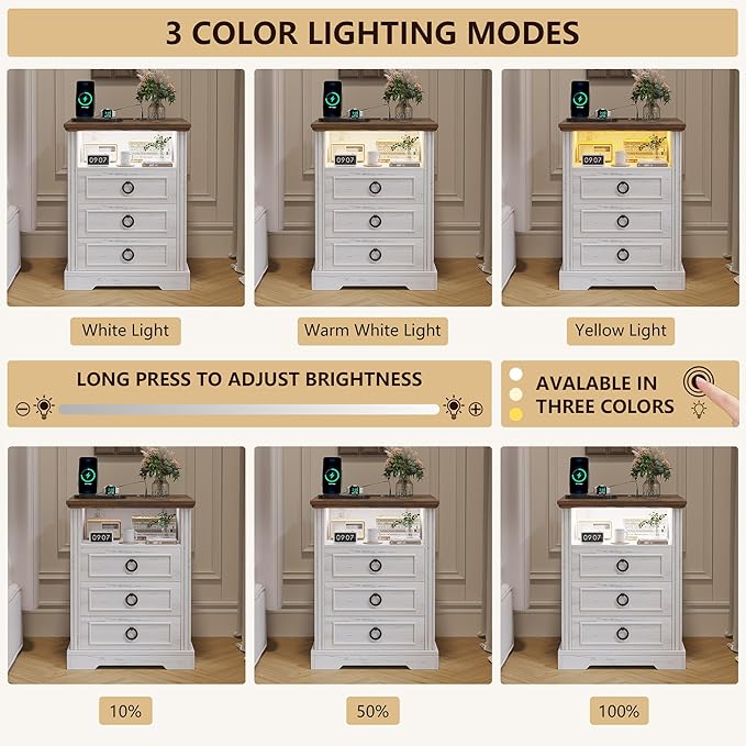 Nightstand Set 2 with Charging Station, Farmhouse End Side Table with 3 Drawers