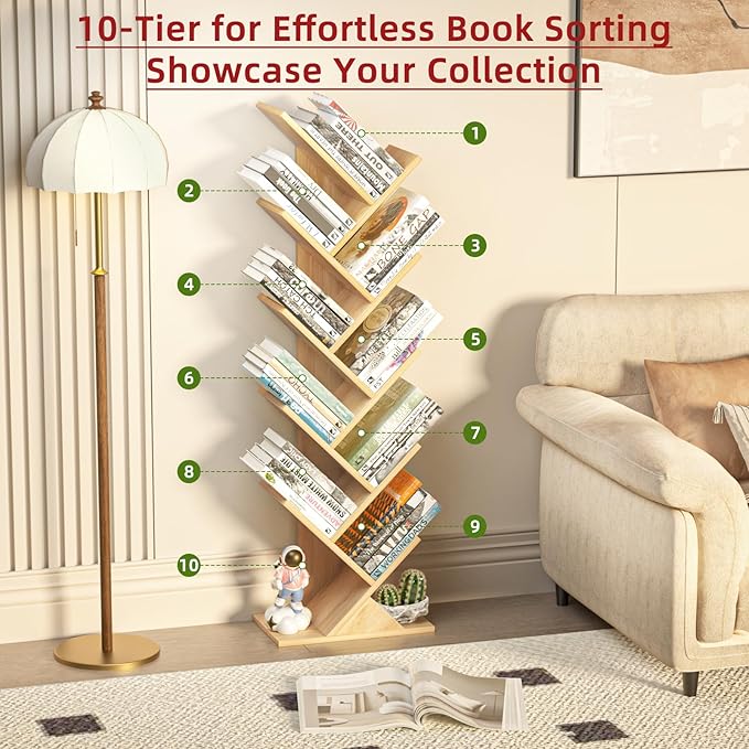 SHEEPAM 10 Tier Tree Book Shelf, Floor Standing Wood Bookshelf