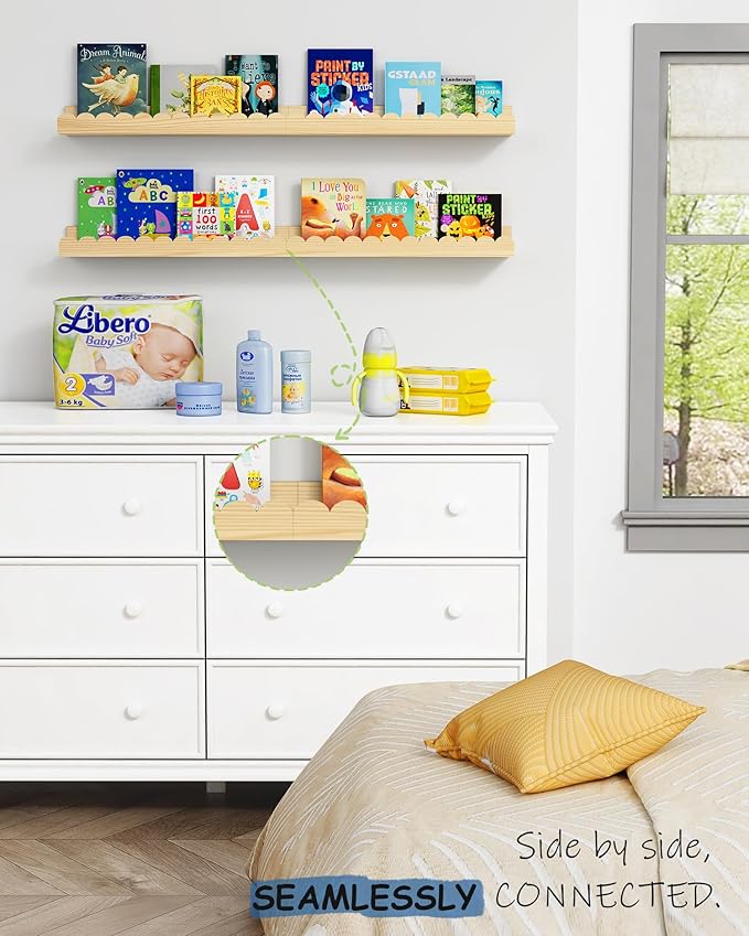 Harwaya Scalloped Nursery Bookshelf Wall Mounted 4-Pack, Natural Wood Floating