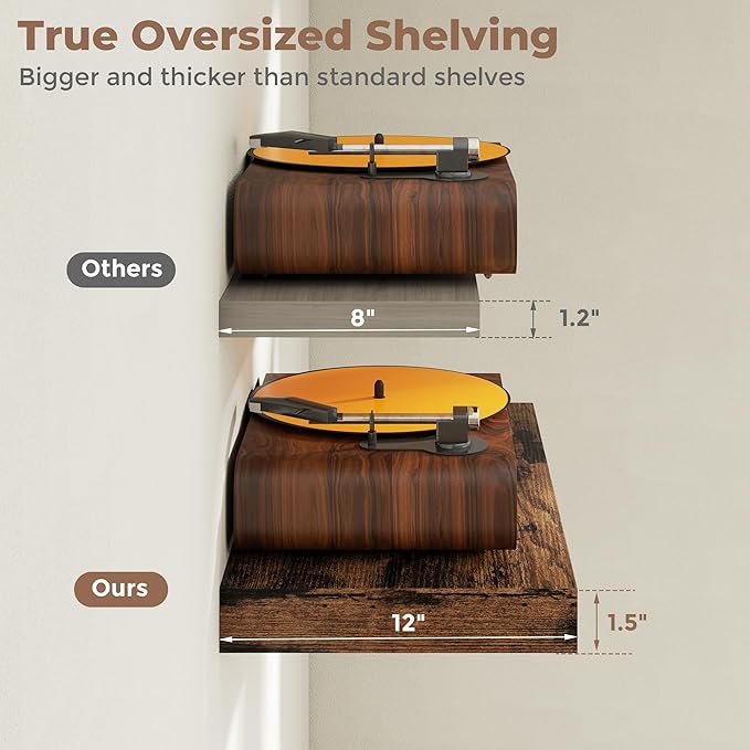 12 inch Deep Floating Shelves for Wall, 24 inch Wide Engineered Wood Wall