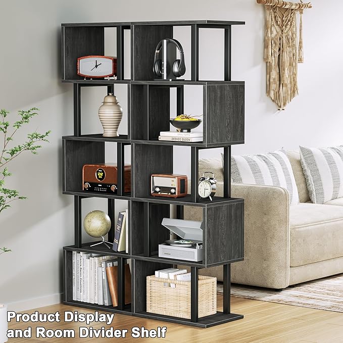 Furologee 6 Tier Bookshelf Tall Geometric Bookcase, S Shaped Industrial Display