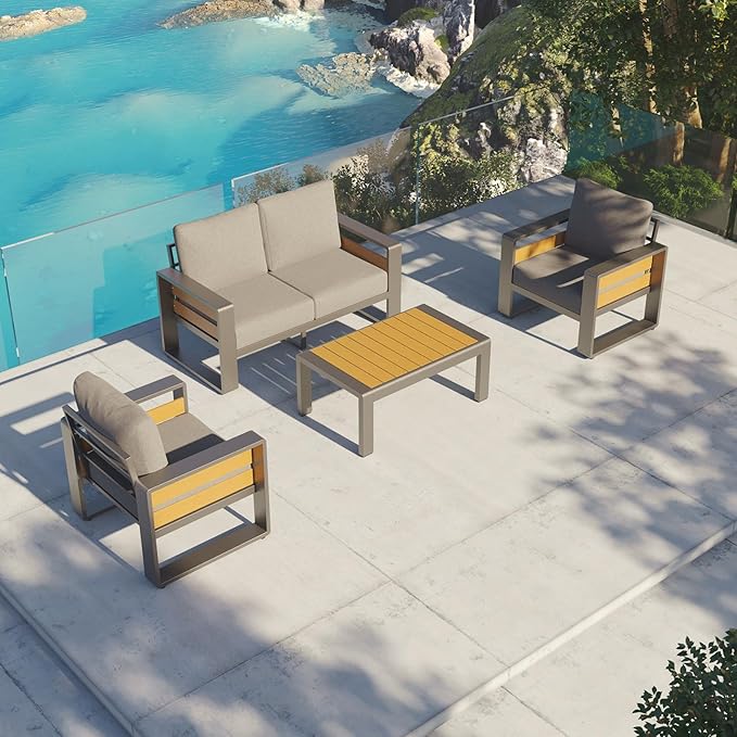 Aoxun Aluminum Patio Furniture Set, 4 Seats Sectional Metal Patio Furniture