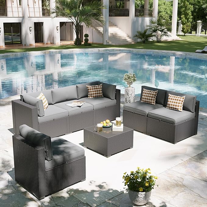 Aoxun Patio Furniture Set, 7 Piece Outdoor Sectional Sofas