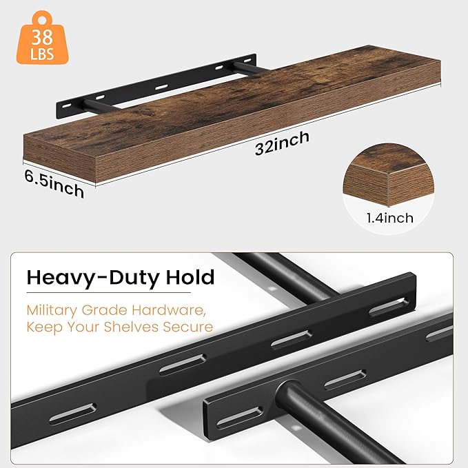 Fun Memories Floating Shelves for Wall, 32 Inch Set of 2 Rustic Wood Wall