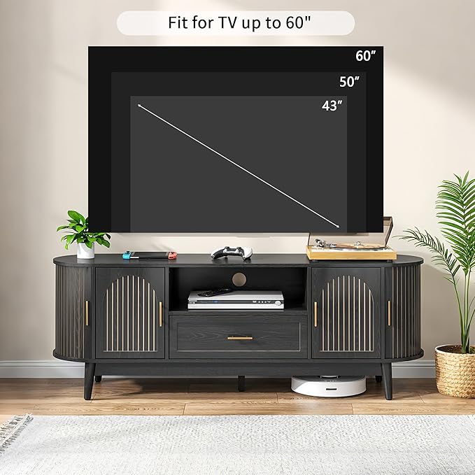 63" Fluted TV Stand for Tvs up to 70", Mid-Century Modern Entertainment Center