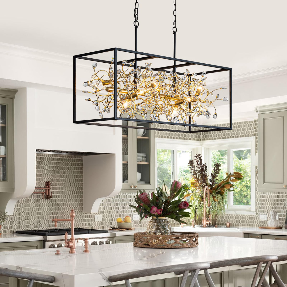 Vezzio Black and Gold Crystal Chandeliers for Dining Room, 8-Light Rectangle Modern Farmhouse Light Fixture, L38.5 in Adjustable Linear Chandelier Kitchen Island