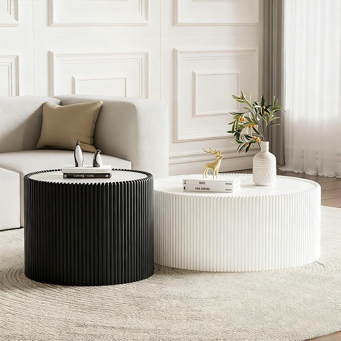 SSLine Round Drum Coffee Table Set of 2 Modern Sintered Stone Top Nesting