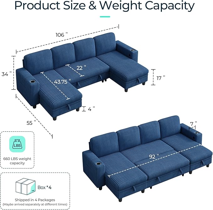 LINSY HOME Sectional Sleeper Sofa Pull Out Couches