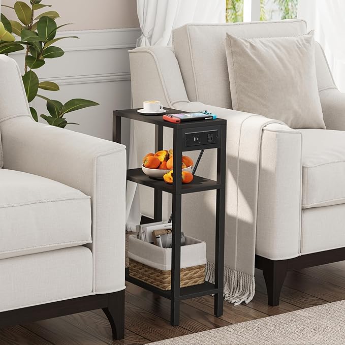 TUTOTAK Narrow Side Table with Charging Station, Small End Table with USB Ports