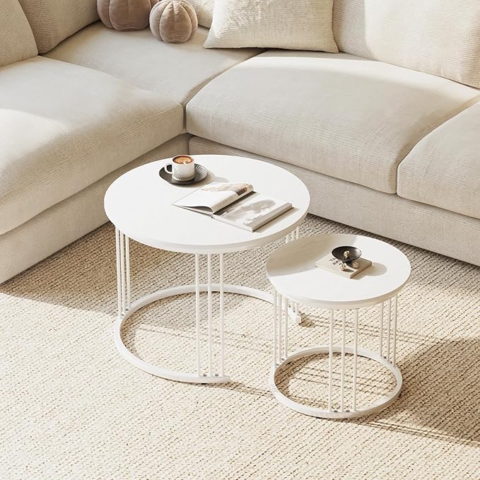Garden 4 you Nesting Coffee Table, 23.6" Round Coffee Table Set of 2, Wooden