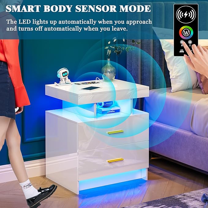 WOOVIVS Night Stand Set 2 with USB/Type-C/Wireless Charging Station, Modern