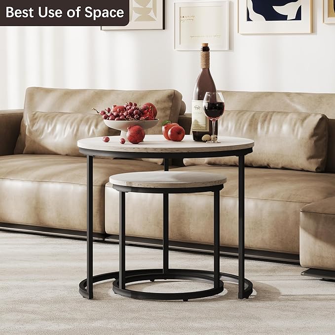 Otterease Nesting Tables Set of 2, Round Coffee Table, Small Nesting Coffee