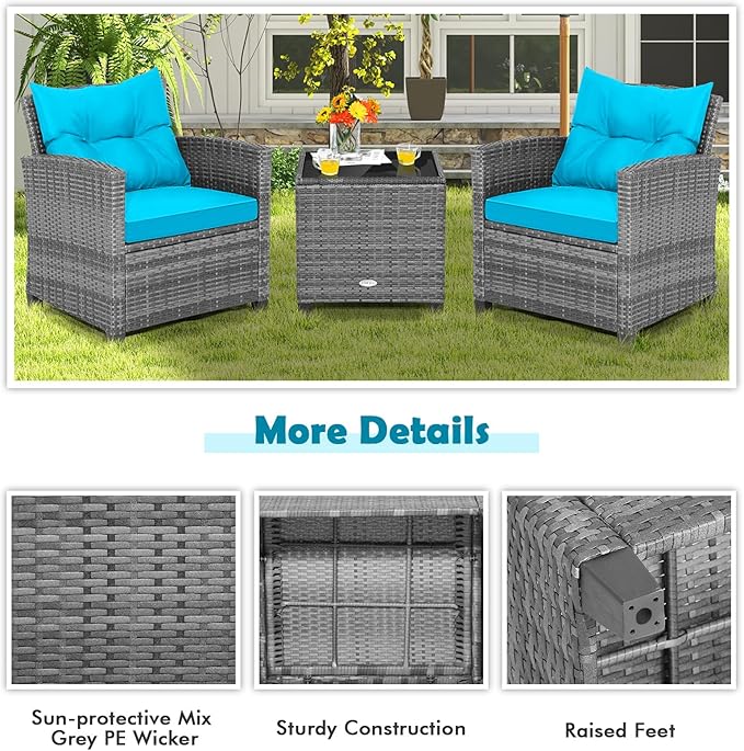 COSTWAY 3PCS Patio Furniture Set, PE Rattan Wicker Sofa w/Washable Cushion and