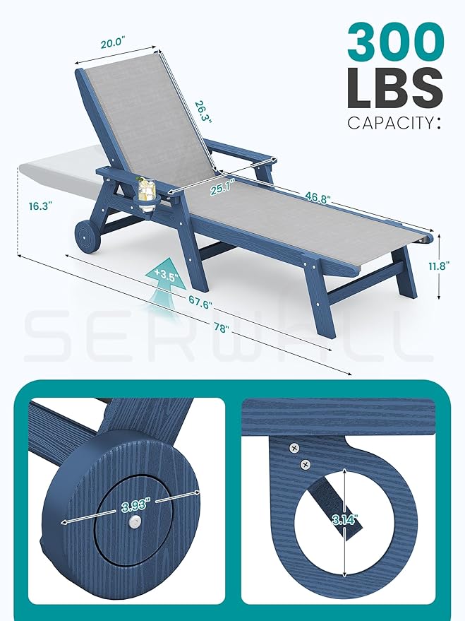 SERWALL Textilene Patio Chaise Lounge Chair Set of 2, 5 Positions Outdoor