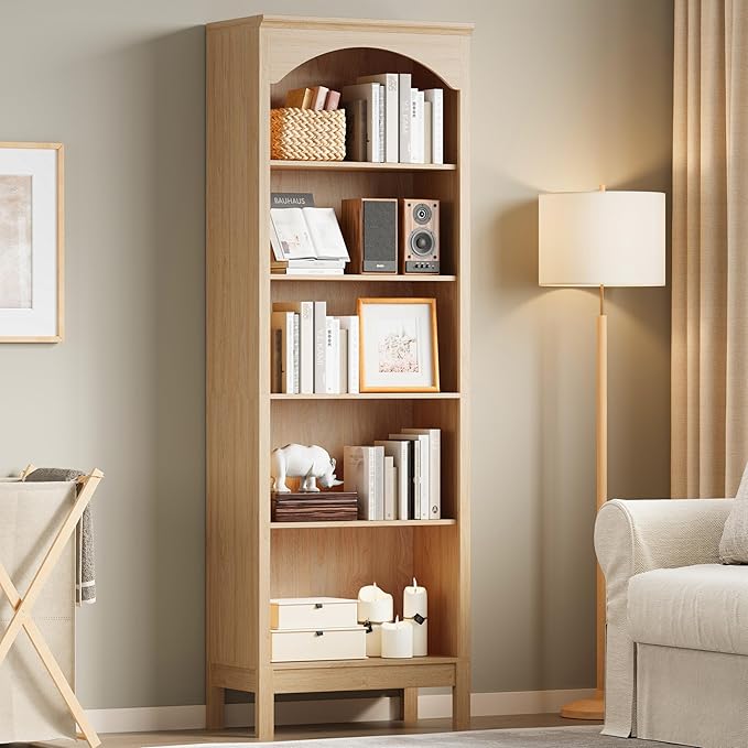 Arched Set of 2 Bookshelf with 5 Tier Open Shelves, Living Room, Natural Oak