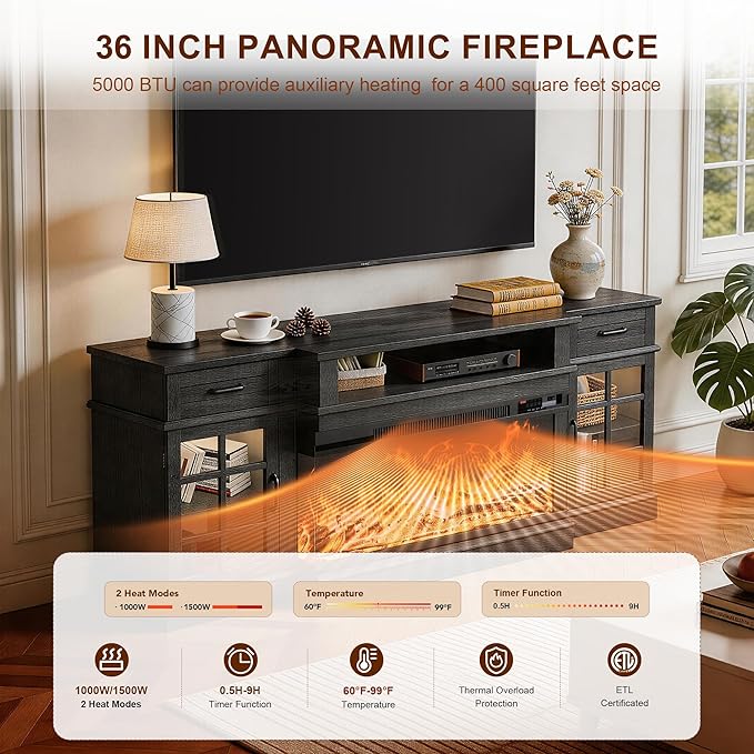 MXV 70" Fireplace TV Stand, 3-Sided Glass Fireplace and Modern Entertainment