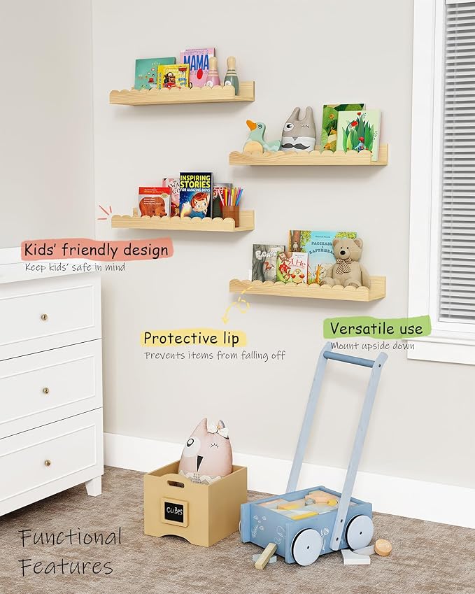 Harwaya Scalloped Nursery Bookshelf Wall Mounted 4-Pack, Natural Wood Floating
