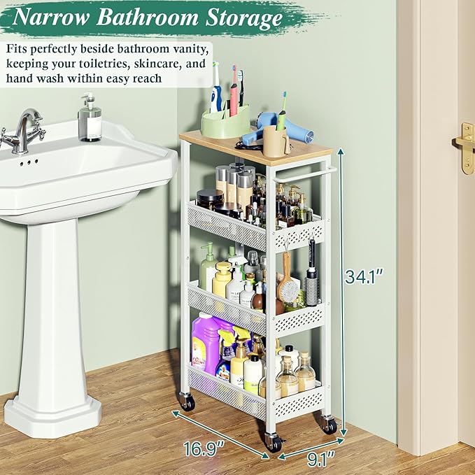 OKZEST Utility Slim Storage Cart, 4-Tier Narrow Bathroom Organizers and Storage