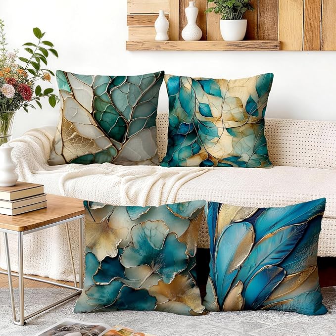 OBSEDE Teal and Gold Leaf Decorative Throw Pillow Covers 18x18 Set of 4