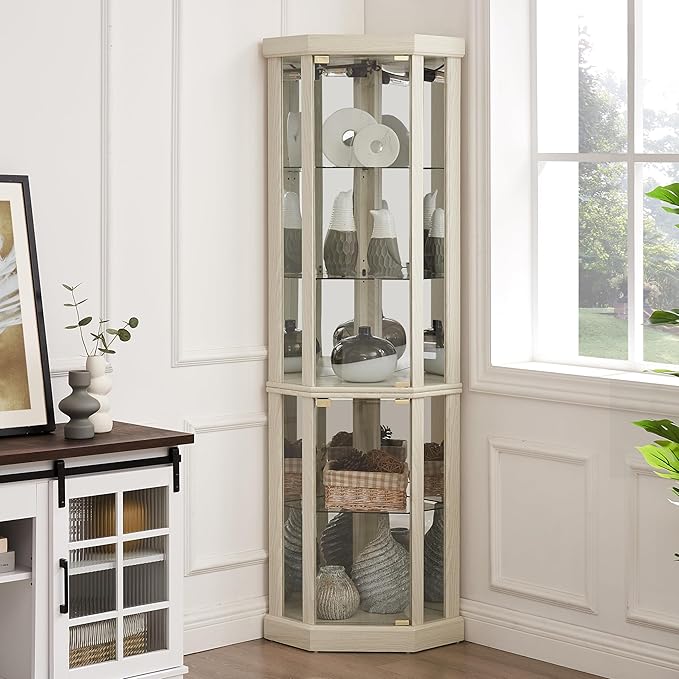 Corner Curio Cabinet, 150lbs Heavy Duty Glass Display Cabinet