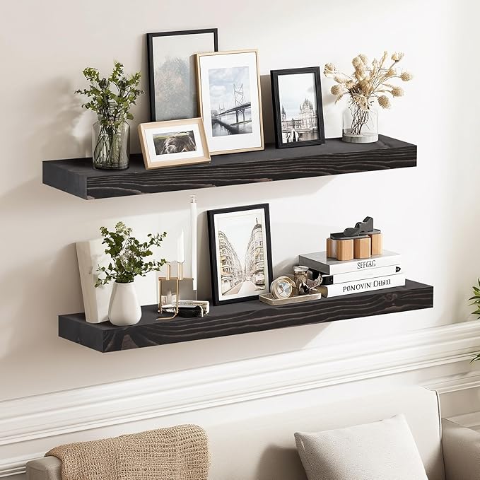 24x8x1.6 inch Floating Shelves Set of 2 – Solid Wood Rustic Black Wall Mounted