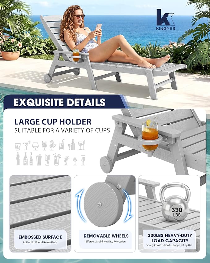 KINGYES HDPE Lounge Chair Outdoor, Patio Chaise Lounge Recliner