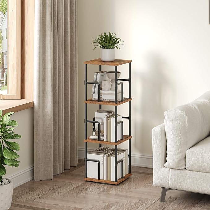 MAHANCRIS 3-Tier Rotating Bookshelf, Freestanding Corner Bookshelf, 360°