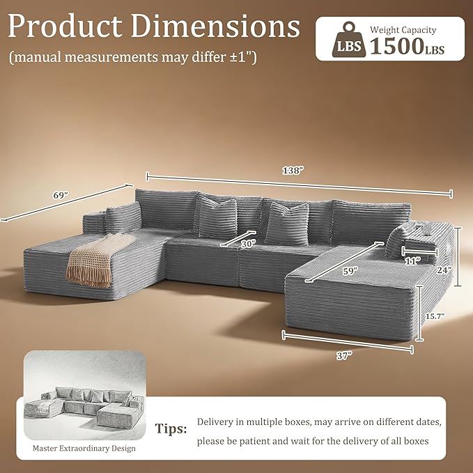 138" Cloud Sectional Couch, Comfort U Shaped Sofa
