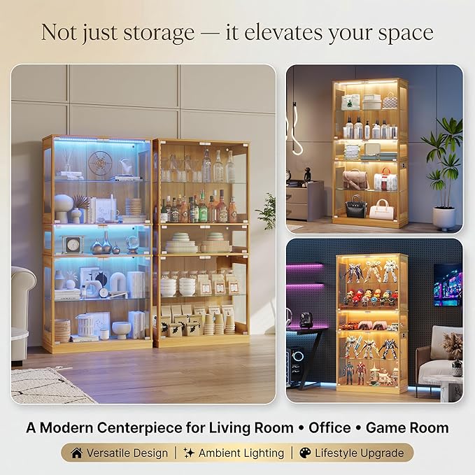 Display Cabinet with Glass Doors & LED Lights, 5 Tier Lighted Display Case