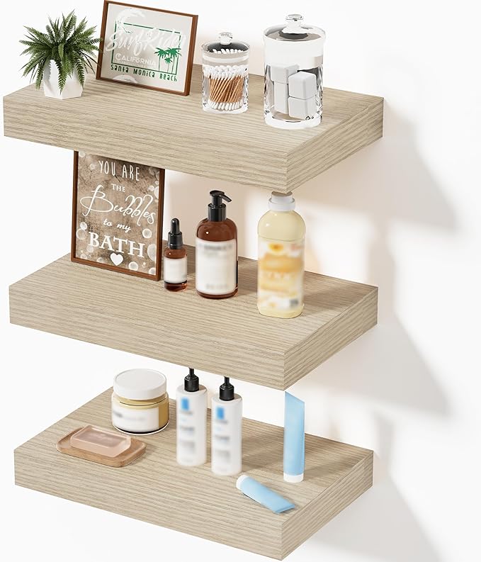 Floating Shelves, Oak Wooden Set of 3 Wall Mounted Bathroom Shelves Over Toilet