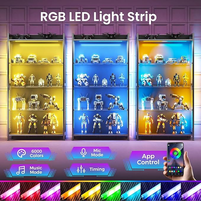 AODK Display Case with LED Lights, Display Cabinet with Glass Storage Shelves
