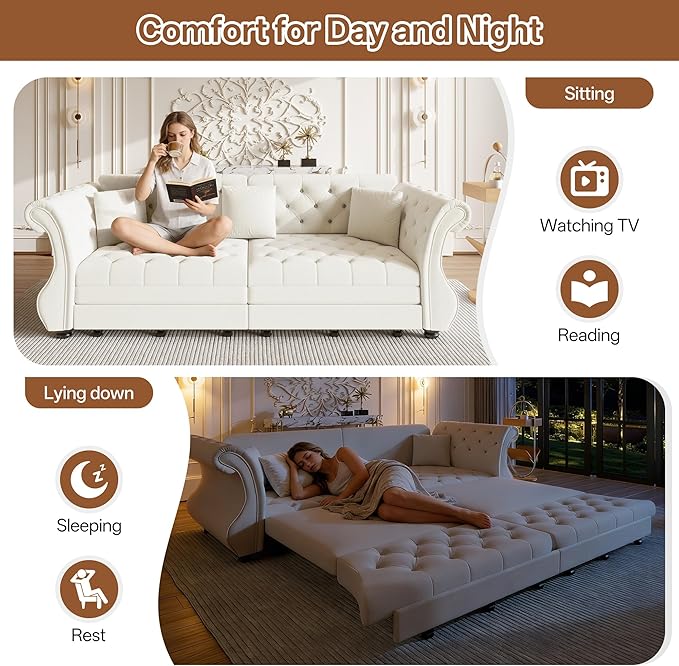 97.6" Oversized Pull Out Sofa Bed, Chesterfield Velvet Sleeper Sofa Couch