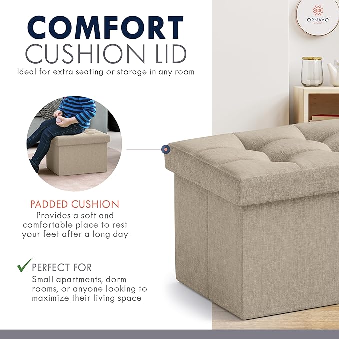 Ornavo Home Small Storage Ottoman Foldable Collapsible Rectangle Linen Ottoman