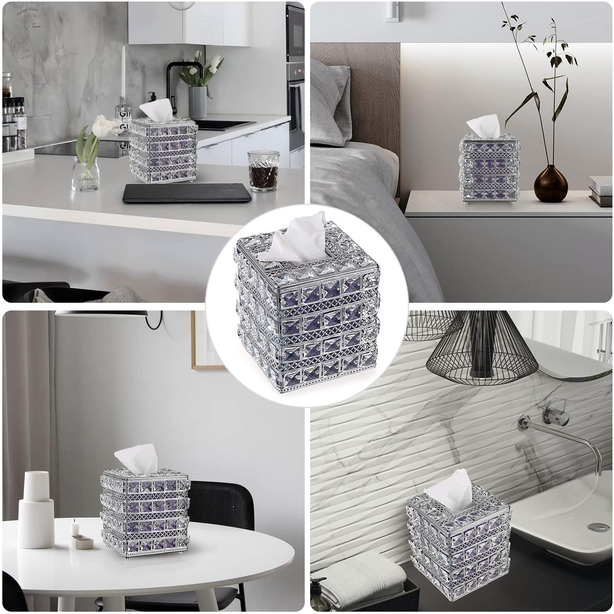 Sumnacon Crystal Square Tissue Box Cover - Sparkling Cube Glass Tissue Box Holder, Decorative Facial Tissue Holder for Bedroom Bathroom Dresser Night Stand Table Countertop Home Decor, Silver