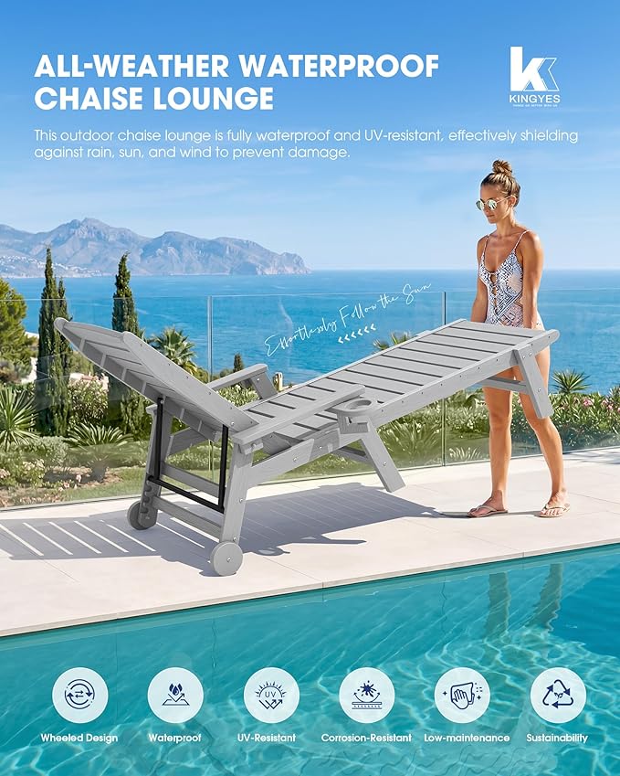 KINGYES HDPE Lounge Chair Outdoor Set of 4, Patio Chaise Lounge Recliner