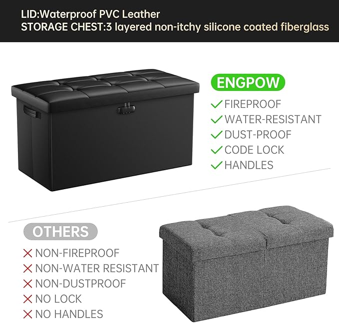 ENGPOW Storage Ottoman Bench, Fireproof Folding Bench