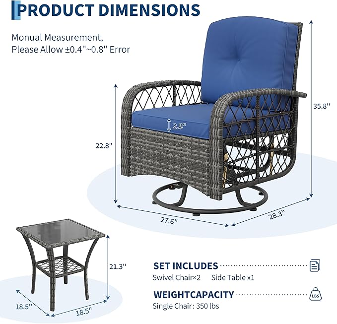 3-Piece Patio Furniture Set, 2 Swivel Rocking Chairs