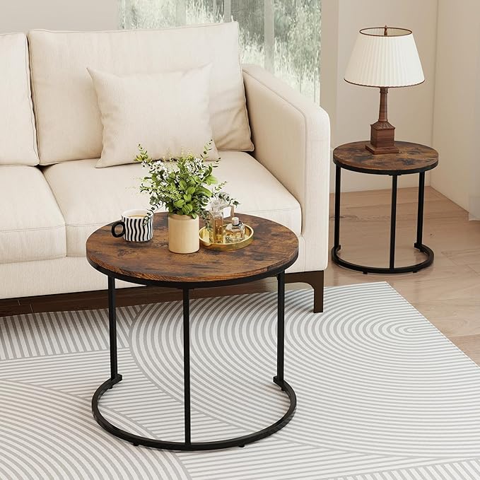 Giantex Nesting Coffee Table Set of 2, Round Stacking Side Tables w/Wooden