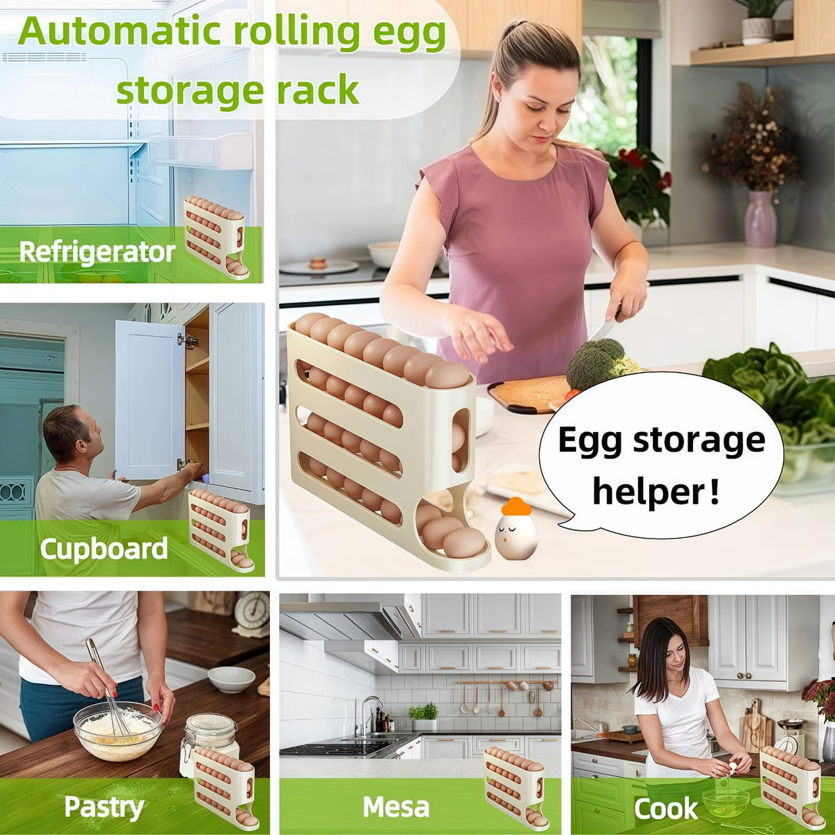 Egg Holder for Fridge, Egg container for refrigerator, Space-Saving Automatic Rolling Eggs Dispenser, 4 Tiers Fridge Egg Rack for Refrigerator Holds up to 30 pcs
