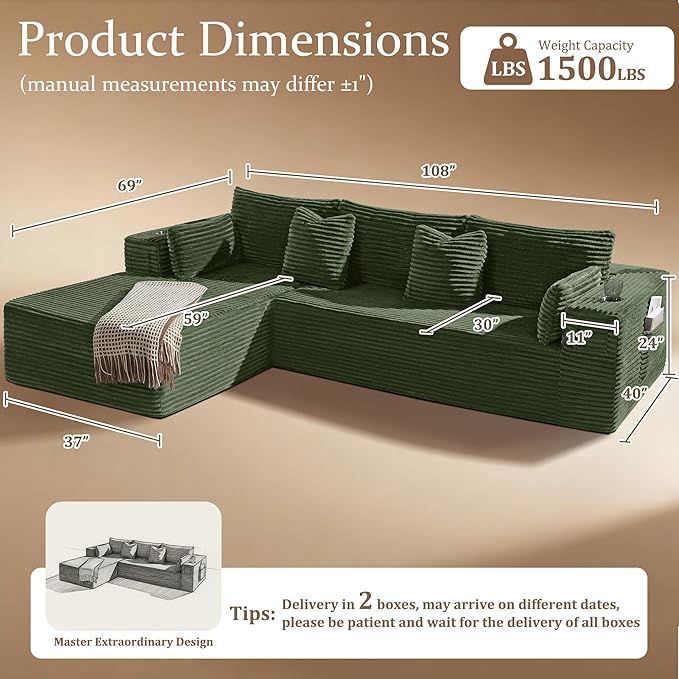 108" Cloud Sectional Couch, Comfort L Shaped Boneless Couch