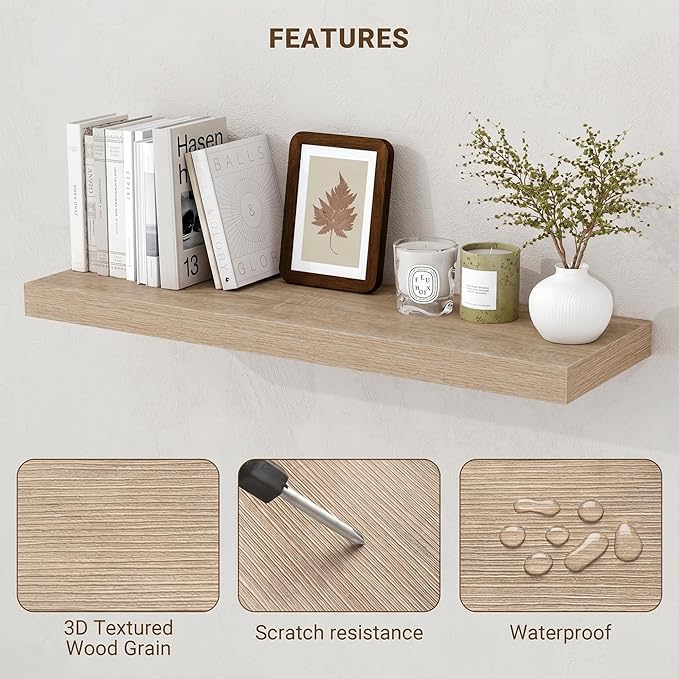 Acovy 36 Inch Floating Shelves, 3D Textured Wood Grain, Wooden Shelves