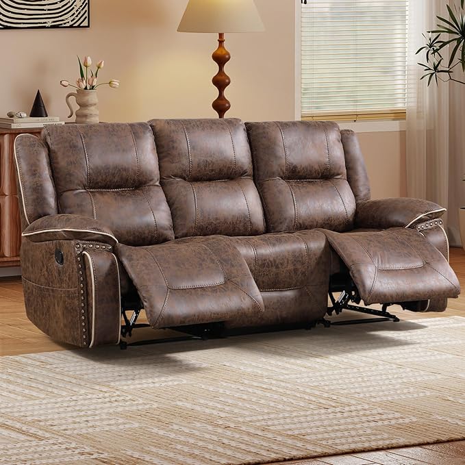 EBELLO Faux Leather Manual Recliner 3 Seater Reclining Sofa Chair, 3 Seat Sofa
