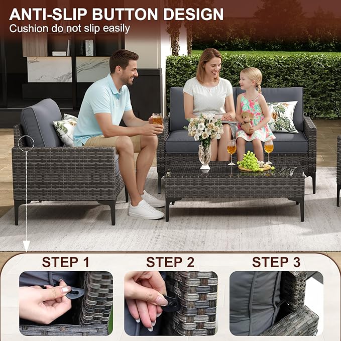 JOYURE 4-Piece Patio Furniture Set, Outdoor Wicker Patio Conversation Set