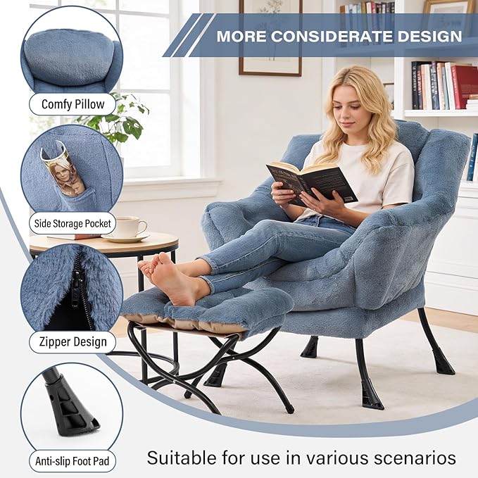 MBOOYOME Lazy Chair with Folding Ottoman, Modern Accent Armchair with Armrests