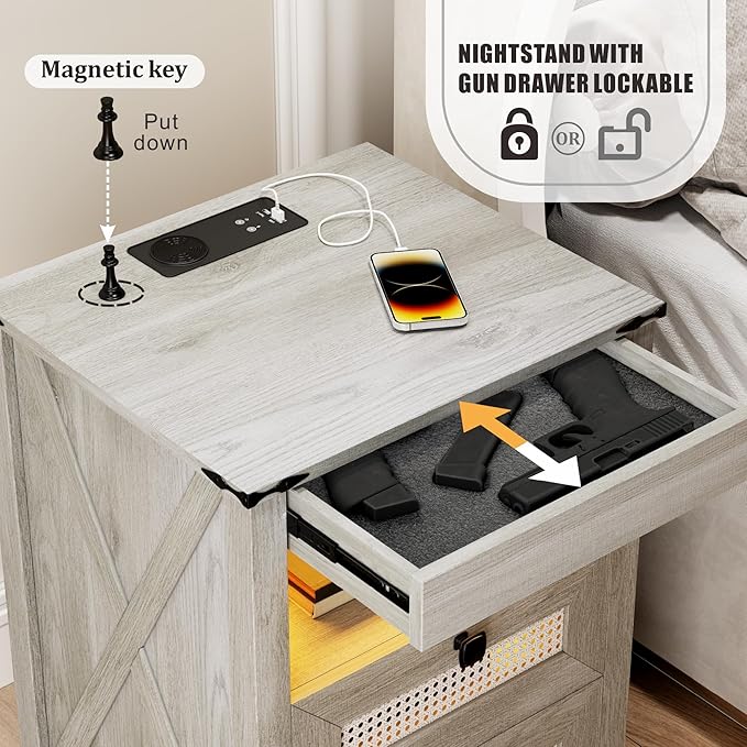 Farmhouse Night Stand with Gun Drawer, Bedside Table with Charger Station