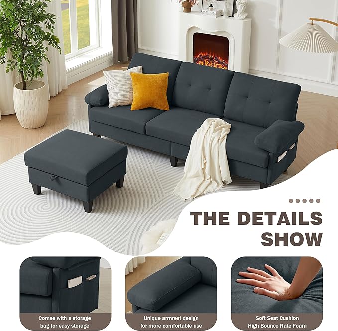 84" Convertible Sectional Sofa, Deep 3-Seater L Shaped Sectional Couch
