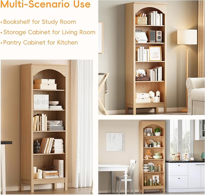 Arched Bookshelf with 5 Tier Open Shelves, Study and Living Room, Natural Oak