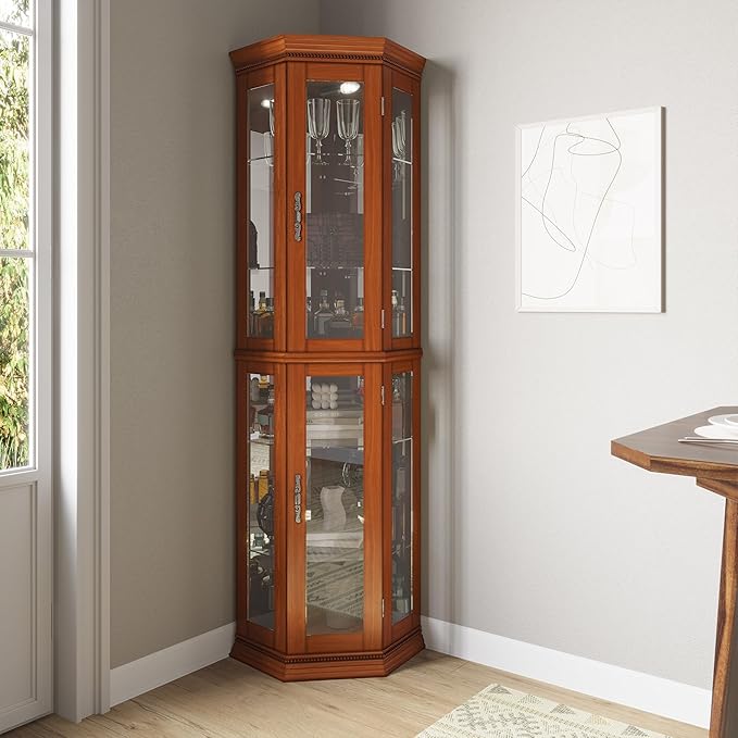 BELLEZE Lighted 3-Side Glass Display Curio Cabinet w/Tempered Glass Doors and