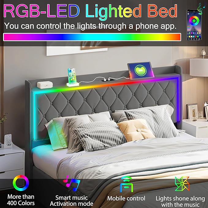 Modern Multi-Color LED Light Full Bed Frame
